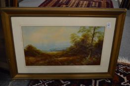 Rural wooded landscape, oil on board together with various other decorative engravings and prints.