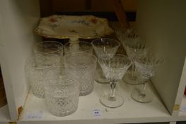 Five Stuart crystal cut glass whisky tumblers, six Webb cocktail glasses and porcelain tazza.