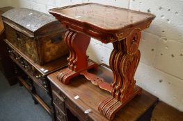 An unusual nest of three Chinese cinnabar lacquer style tables with figural decoration.