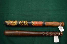 A Cambridge Constabulary truncheon with painted decoration and a plain truncheon.
