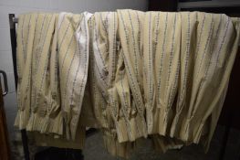 Three pairs of interlined curtains, beige ground with a striped design, 98cm wide x 184cm drop.