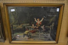 A Pears print depicting children playing on a five bar gate.
