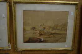 S Prout, Rural landscape with figures on a bridge together with John Varley, Sheep grazing,