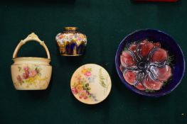 A small Moorcroft bowl, Royal Worcester blush ivory box and cover, similar basket and a Crown