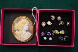 A cameo brooch and a group of ear studs.