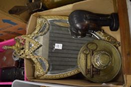 A brass shield shaped mirror, ink stand, carved wood bust, etc.
