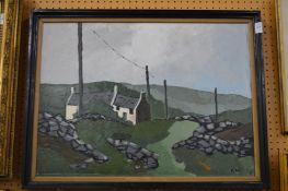 In the manner of Kyffin Williams, a rural landscape with cottage, oil on canvas.