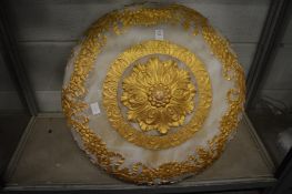 A large gilt decorated alabaster ceiling light shade (restored).