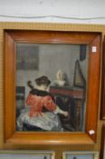 Seated female figure playing a cello in an interior setting, oiliographic print.