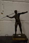 A set of three spelter and marble sporting figures, depicting a javelin thrower, shot putter and