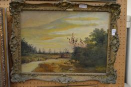 Rural river landscape with sheep, oil on canvas in a decorative frame.
