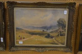 Rural landscape with figures on a path and sheep grazing, watercolour together with its companion