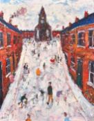 Simeon Stafford (b. 1956), 'Sunday School, Street in Manchester', oil on panel, signed, further