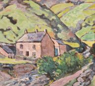 Modern British, cottages in a mountain valley by a stream, oil on board, with another scene verso,