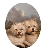 George Stevens (1815-1865), a pair of white-haired terriers, a landscape beyond, oil on canvas,