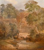 Circle of Thomas Churchyard, a stream by a cottage in woordland, oil on metal, with a study of