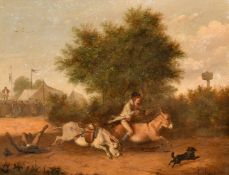 E. Hunt, 19th Century, figures racing on donkeys with a village fete beyond, oil on canvas, signed