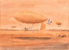 Alberto Santos-Dumont (1873-1932), 'Nice, France, Airship', watercolour, signed and inscribed, and