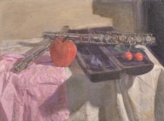 Georges Weissbort (1928-2013), a still life of a flute with fruit, oil on board, 12