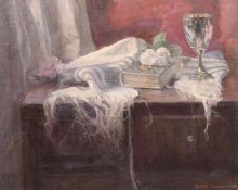 Georges Weissbort (1928-2013), a still life of objects on a tabletop, oil on board, 12.5