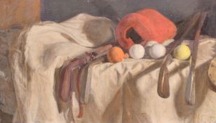 Georges Weissbort (1928-2013), a still life of golfing equipment, oil on canvas laid down, 9.5