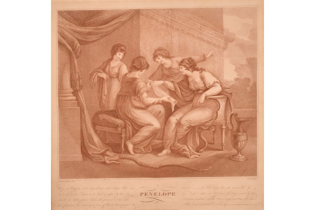 After Angelica Kauffman, 'Penelope', sanguine stipple engraving, 13" x 13" (33 x 33cm), along with a - Image 1 of 4