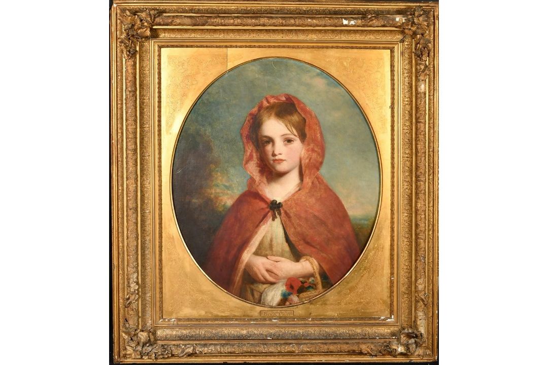 Charles Baxter (1809-1879) British, a half-length portrait of a girl in a red cloak carrying a - Image 2 of 4