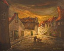 Arthur Hellebaut (b. 1927), a lone figure with a cart in a moonlit street, oil on canvas, signed,