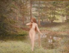 Circle of J. J. Henner, a female nude by a woodland pool, miniature watercolour on ivorine, 2.75