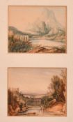 Circle of John Varley, Continental views, two watercolours in a common mount, each 3