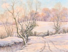 Mervyn Goode, 'Farm Gate and Snow Shadows', oil on canvas, signed, 16