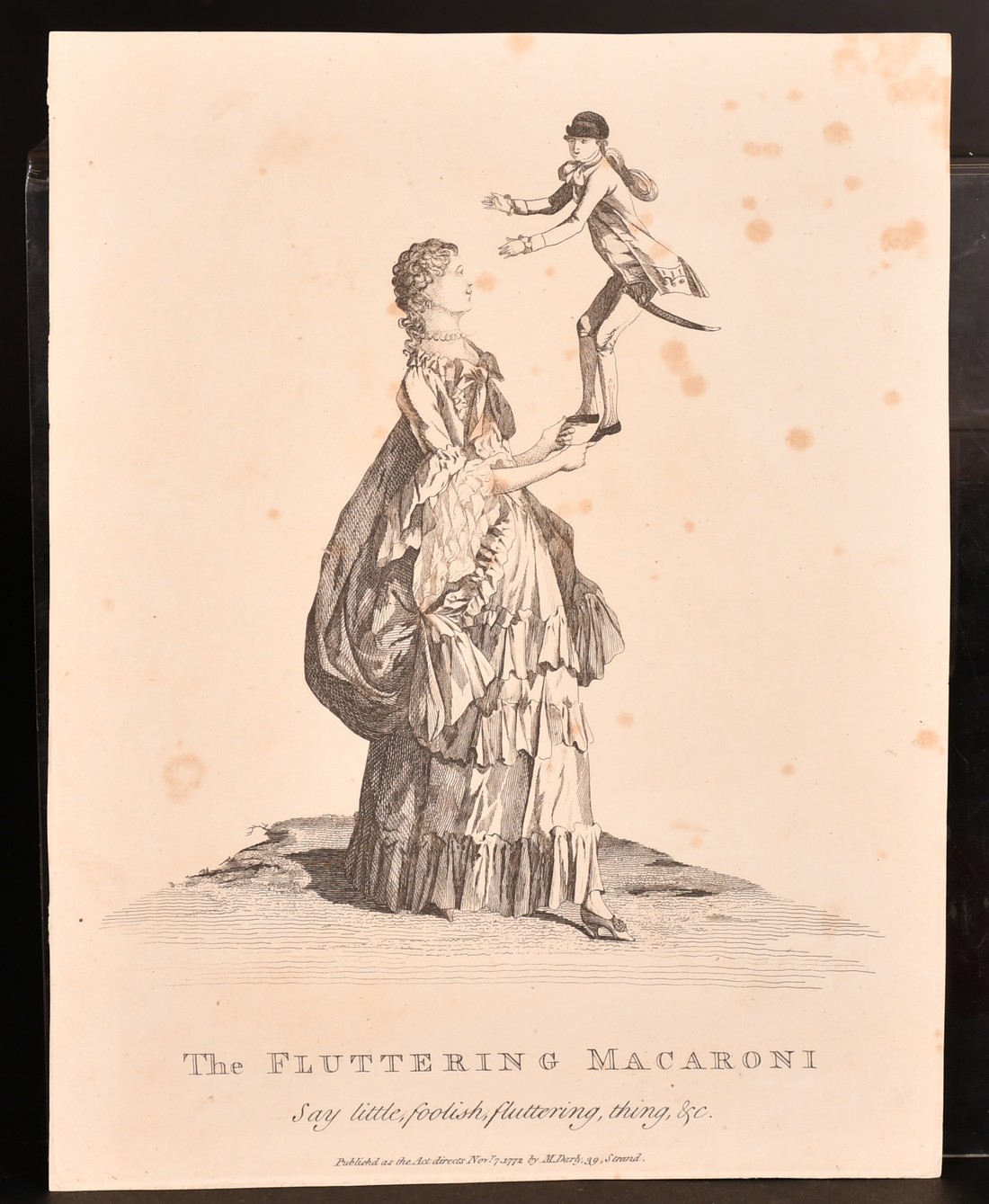 Macaroni and Tiptoe, a group of three late 18th Century humorous prints, each around 9" x 7" (23 x - Image 2 of 4