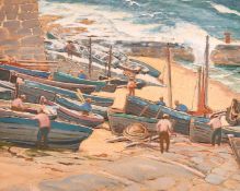 20th Century, figures attending to beached boats in a harbour, mixed media, watercolour and probably