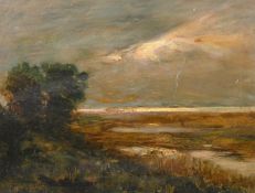 Giuseppe Miti-Zanetti (1859-1929), Italian, clouds breaking above a coastal landscape, oil on board,