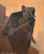 J. Demeulemeelter (20th Century), a violinist in a hat, oil on canvas, 23.75