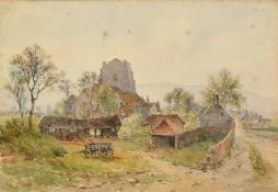 19th Century English School, a rural hamlet with a cart in the foreground, watercolour, 10