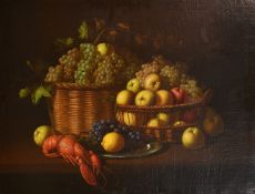 Manner of Pieter Clausz, a pair of still life works of fruit, a pomegranate and a lobster on a table