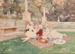 Guido Guidi, Italian School, Circa 1919, elegant figures at leisurely pursuits in a formal garden,