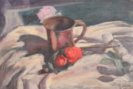 Georges Weissbort (1928-2013), a still life of a silver tankard and roses, oil on board, 9.5