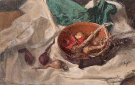 Georges Weissbort (1928-2013), a still life of onions and chillis, oil on canvas laid down, 8.5