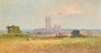 Vincent Philip Yglesias (1845-1911), a view of figures in a field before Canterbury cathedral, oil