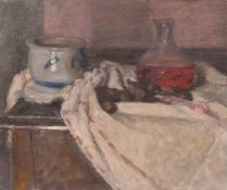 Georges Weissbort (1928-2013), a still life of a decanter and a blue and white pot, oil on canvas