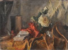 Georges Weissbort (1928-2013), a still life of a rose and books, oil on board, 12