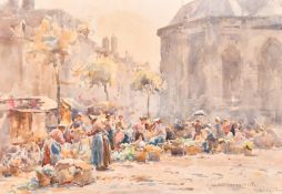 Harold Swanwick (1866-1929), figures at a busy market in Dieppe, watercolour, signed and