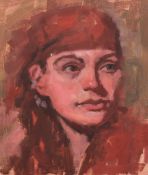 20th Century, a head study of a girl in a red hat, oil on panel, with another sketch verso, 10.5