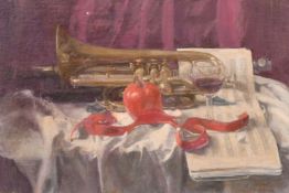 Georges Weissbort (1928-2013), a still life of a trumpet and a glass of wine, oil on canvas laid