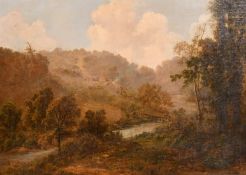 James Baker Pyne (1800-1870), cottage with a smoking chimney in a river landscape, oil on canvas,