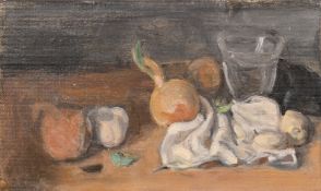 Georges Weissbort (1928-2013), a still life of onions and garlic, oil on board, 8.75