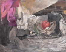 Georges Weissbort (1928-2013), a still life of fruit resting on a white tablecloth, oil on board,