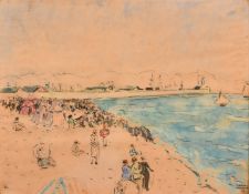 Marcel Prunier, French School, Circa 1924, elegant figures gathered on a beach, watercolour, signed,